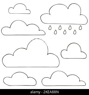 Autumn. Set of vector illustrations in hand drawn style. Monochrome poster with clouds. Collection of icons, signs, pins, stickers Stock Vector