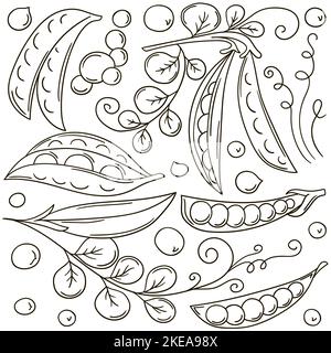 Set of vector illustrations in hand drawn style. Coloring poster with fruits. Peas. Collection of stickers Stock Vector