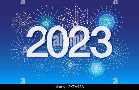 2023 New Year vector illustration with colorful fireworks on gradient blue background. Fireworks exploding in dark night sky. Concept for holiday Stock Vector