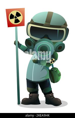 Man in gas mask shows sign radiation contamination. Character in chemical protection against radioactive dust. Cartoon person post-apocalypse Stock Vector