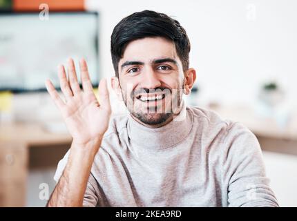 Business man, video call, and wave hello for online meeting, webinar and global communication, networking and virtual talk from India. Zoom call Stock Photo