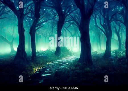 Magical forest path with glowing fireflies . Night magical fantasy ...