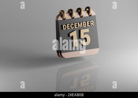 Standing black and golden month lined desk calendar with date December 15 Modern design with golden elements, 3d rendering illustration. White ceramic Stock Photo