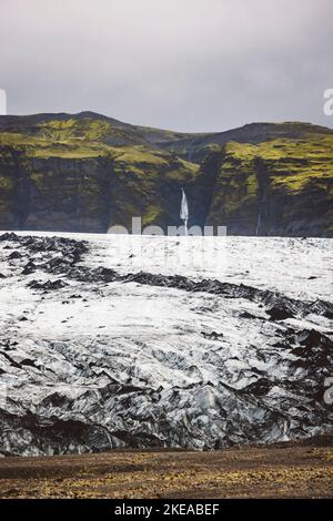 Fantastic view on Solheimajokull glacier waterfall behind Stock Photo