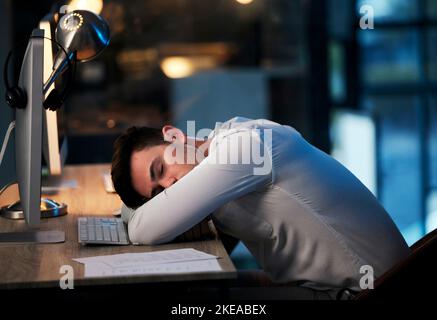 Man, burnout and sleep in call center office, overworked from working at crm compliance consulting company. Businessman, sleeping and mental health Stock Photo