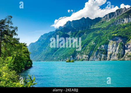 Sonnige  Aussicht über den Walensee  mit der kleinen Schnittlauchinsel im  türkisfarbenen Wasser und Bergmassiv Schären und Leistchamm im Hintergrund, Stock Photo