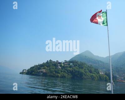 Lago Maggiore Italian Flag on Boat Lake Blue Italy alps european Stock Photo