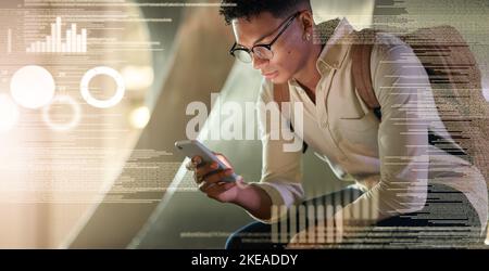 Futuristic man, data hologram and phone information of a black man looking at mobile software. Analytics information, big data and cyber security Stock Photo