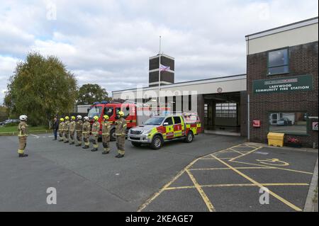 Icknield Port Road, Birmingham, November 11th 2022. - West Midlands Firefighters at Ladywood Community Fire Station in Birmingham stand in line and observe the 2 minutes silence at 11am remembering the fallen on 11 November, Armistice Day. Pic by: Stop Press Media / Alamy Live News Stock Photo