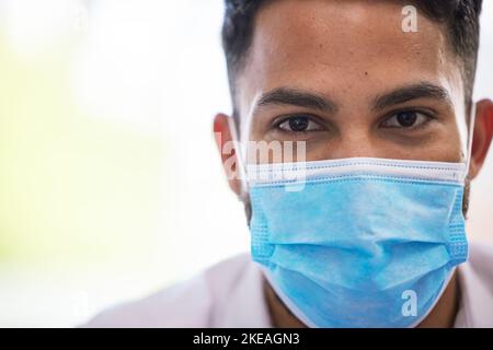 Businessman, covid or face mask in office, company or startup in government law compliance, healthcare safety or global virus stop. Zoom, portrait or Stock Photo