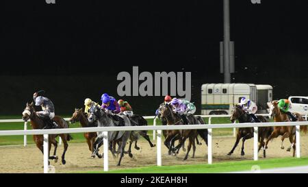 Chelmsford, UK. 11th Nov 2022. Gabrial The Devil, ridden by Oisin Orr, hits the front on his way to winning the 7.30 at Chelmsford City Racecourse, UK. Credit: Paul Blake/Alamy Live News. - Image ID: 2JPTWMA Stock Photo