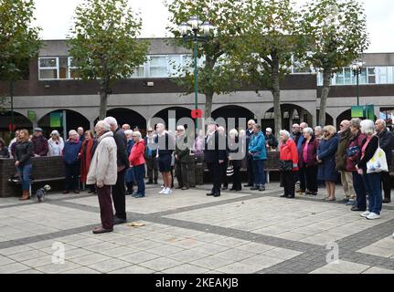 Bristol, UK. 10th Nov, 2022. On a mild morning at Nailsea Shopping Centre, people stand in Memory to honour our fallen soldiers. Picture Credit: Robert Timoney/Alamy Live News Stock Photo