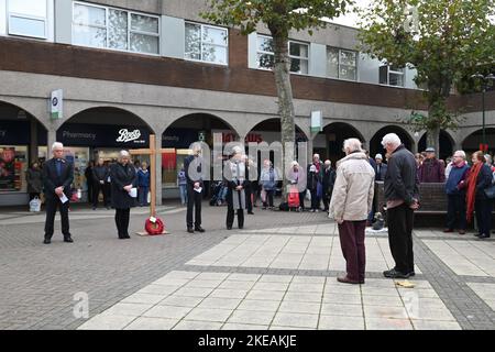 Bristol, UK. 10th Nov, 2022. On a mild morning at Nailsea Shopping Centre, people stand in Memory to honour our fallen soldiers. Picture Credit: Robert Timoney/Alamy Live News Stock Photo
