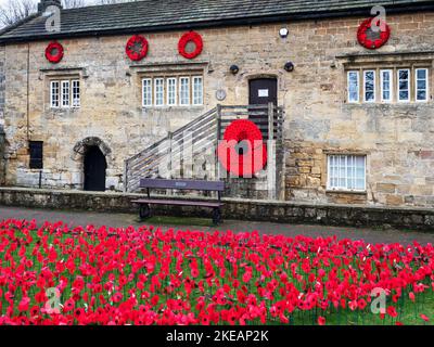 Remembrance poppies at the Courthouse Museum in the castle grounds at Knaresborough North Yorkshire England Stock Photo