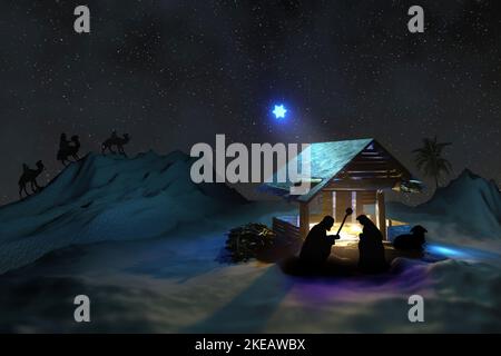 Christmas Nativity scene in Bethlehem with Baby Jesus in manger, Mary ...