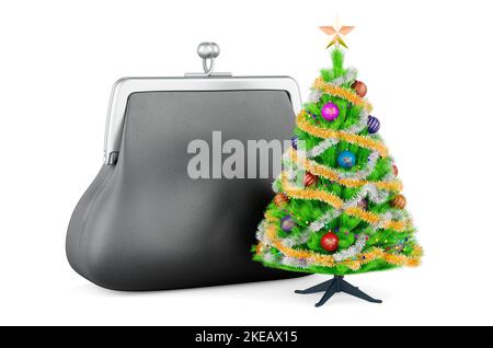 Christmas tree with coin purse. Christmas shopping concept, 3D rendering isolated on white background Stock Photo