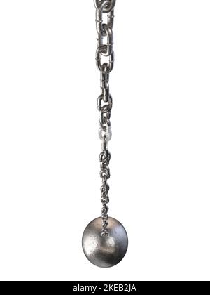 A regular metal wrecking ball attached to a chain on a white isolated background - 3D render Stock Photo