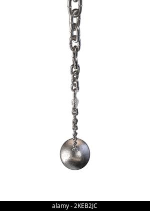 A regular metal wrecking ball attached to a chain on a white isolated background - 3D render Stock Photo