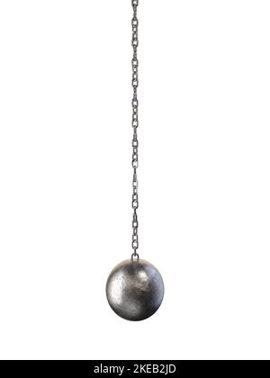 A regular metal wrecking ball attached to a chain on a white isolated background - 3D render Stock Photo