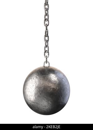 A regular metal wrecking ball attached to a chain on a white isolated background - 3D render Stock Photo