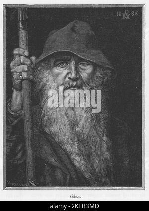 Odin. The main god in Norse mythology described as an immensely wise, one-eyed old man. Illustration of Odin as a wanderer dating from 1886 made from an original painting by Georg von Rosen. Ref CV69 Stock Photo