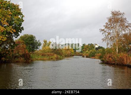 A view of the River Ant in autumn on the Norfolk Broads passing by How Hill, Ludham, Norfolk, England, United Kingdom. Stock Photo