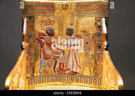 Copy of the amazing back of the throne found in Tutankhamun's tomb Stock Photo