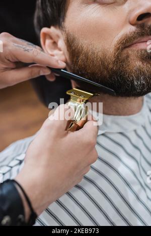 cropped view of hairdresser trimming beard of man with hair clipper,stock image Stock Photo