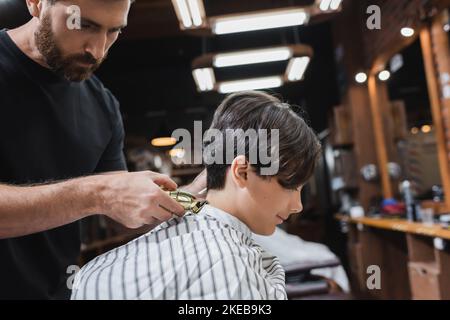 brunette teenage boy in hairdressing cape near bearded barber trimming his neck,stock image Stock Photo