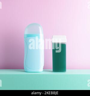 Front view of electric wax heater with depilatory honey wax roller on color background. Beauty treatment, hair removal, salon equipment concept. Stock Photo