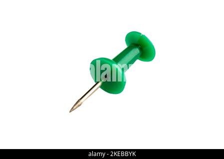 Old green pushpin isolated on white background. Copy space. Stationery concept. Stock Photo