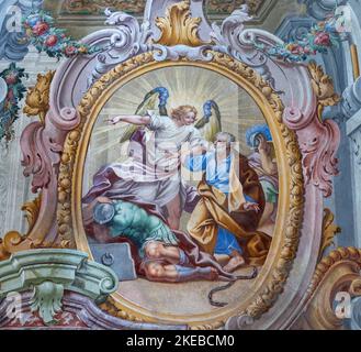 VARALLO, ITALY - JULY 17, 2022: The fresco of Liberation Of Saint Peter from Prison in the church Basilica del Sacro Monte by Francesco Leva (1714). Stock Photo