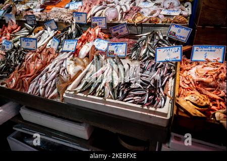 Seafood, fish, mollusc and shrimp at fish market in Heraklion, Crete,Greece. Stock Photo