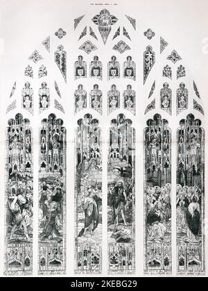 Photolithograph published in The Builder Vol 64 1st April 1893 of the stained glass window by Percy Bacon and Brothers installed in the west of the new baptistry of Manchester Cathedral in 1893. The window theme is Baptism by Blood, Water and Fire and is illustrated by the martyrdom of St. Stephen, the baptism of Christ, and the descent of the Holy Ghost at Pentecost. The works were carried out under the supervision of the Diocesan Architect Joseph Stretch Crowther (1820 - 1893). The window was destroyed in a German bombing raid in December 1942 during World War 2. Stock Photo
