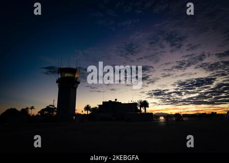 Early morning at the control tower at Marine Corps Air Station Miramar, before the crowds arrive for the 2022 Miramar Airshow in San Diego, California Stock Photo