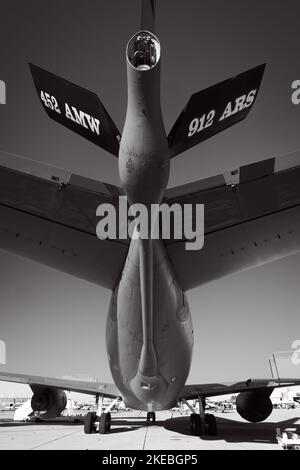 Looking up at the tail of a US Air Force KC-135 Stratotanker at the 2022 Miramar Airshow in San Diego, California. Stock Photo