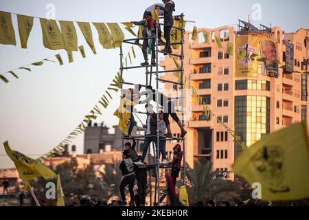 Gaza, Palestine. 10th Nov, 2022. Supporters of the Palestinian Fatah movement participate in a festival commemorating the eighteenth anniversary of the death of the late Palestinian leader Yasser Arafat in Gaza City. Credit: SOPA Images Limited/Alamy Live News Stock Photo