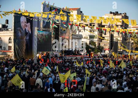 Gaza, Palestine. 10th Nov, 2022. Supporters of the Palestinian Fatah movement participate in a festival commemorating the eighteenth anniversary of the death of the late Palestinian leader Yasser Arafat in Gaza City. Credit: SOPA Images Limited/Alamy Live News Stock Photo