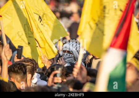Gaza, Palestine. 10th Nov, 2022. Supporters of the Palestinian Fatah movement participate in a festival commemorating the eighteenth anniversary of the death of the late Palestinian leader Yasser Arafat in Gaza City. (Photo by Yousef Masoud/SOPA Images/Sipa USA) Credit: Sipa USA/Alamy Live News Stock Photo