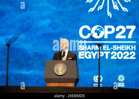 Sharm El Sheikh, Egypt. 11th Nov, 2022. US President Joe Biden speaks during the 2022 United Nations Climate Change Conference COP27. Credit: Gehad Hamdy/dpa/Alamy Live News Stock Photo