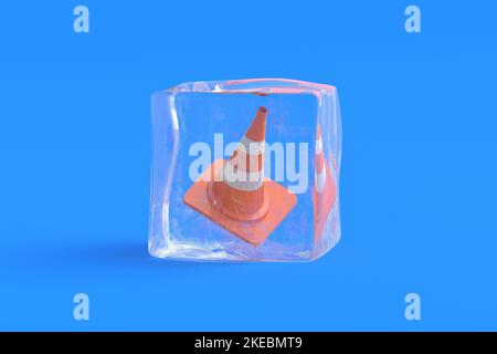 Road cone in ice cube. 3d illustration Stock Photo