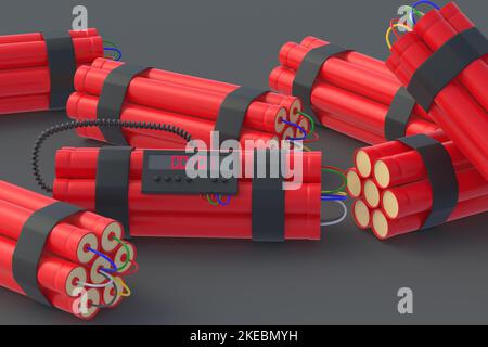 Strewn dynamite bombs with digital timer. 3d rendering Stock Photo