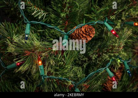 Christmas string lights with bad bulb on Xmas tree. Holiday lighting repair, safety and decoration concept. Stock Photo