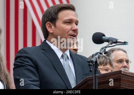 Florida Governor Ron DeSantis speaking at the Florida State Capitol in Tallahassee, Florida, on February 20, 2020. (USA) Stock Photo