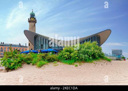 View from the beach to the lighthouse and Teepott in Warnemünde, Hanseatic City of Rostock, Baltic Sea Coast, Mecklenburg-Western Pomerania, Germany, Europe Stock Photo