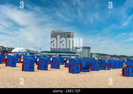 Beach and view of Hotel Neptun in Warnemünde, Hanseatic City of Rostock, Baltic Sea Coast, Mecklenburg-Vorpommern, Germany, Europe Stock Photo