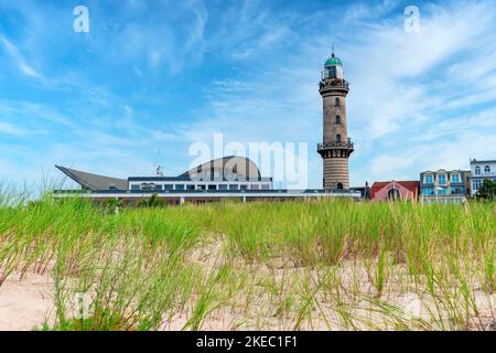 View from the beach to the lighthouse and Teepott in Warnemünde, Hanseatic City of Rostock, Baltic Sea Coast, Mecklenburg-Western Pomerania, Germany, Europe Stock Photo