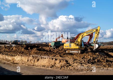 Construction site with excavator in summer Stock Photo