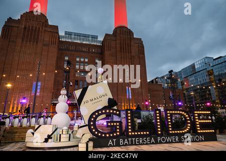 London, UK. 11th Nov, 2022. Set against the backdrop of the iconic Battersea Power Station, GLIDE ice rink welcomes skaters and spectators for the first time this evening. The rink at Battersea, which has been set up in place of a previous ice rink at the Natural History Museum, will entertain visitors until 8th January 2023. Credit: Imageplotter/Alamy Live News Stock Photo