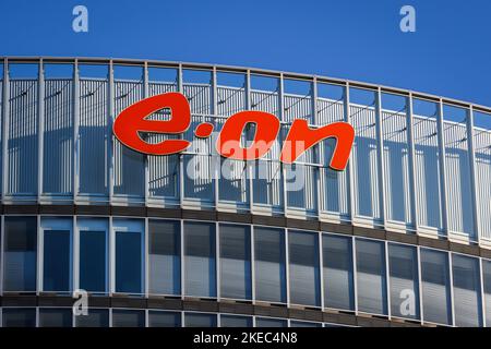 Essen, North Rhine-Westphalia, Germany - E.ON headquarters. Company logo on the facade of the headquarters. Stock Photo